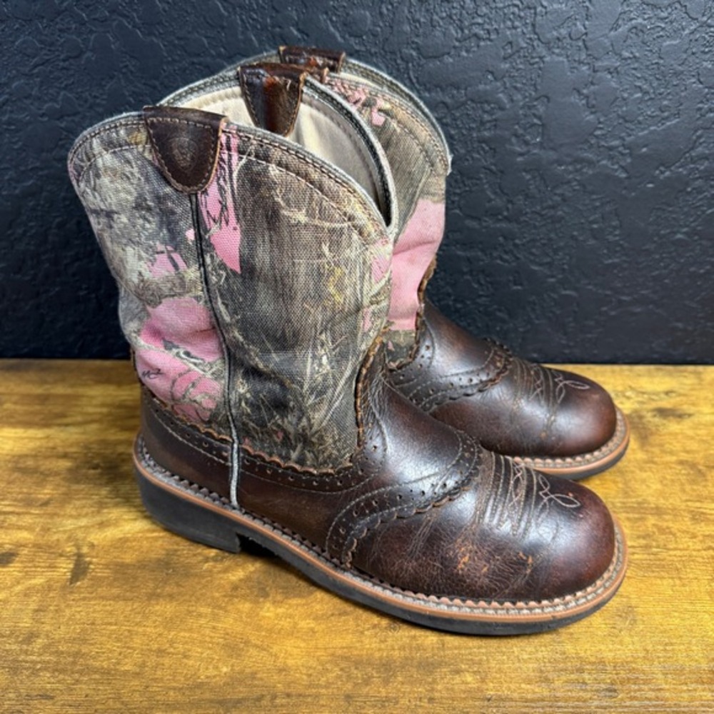 Ariat Fatbaby 10015055 Brown Pink Camo Leather Canvas Western Boots Womens 8.5B